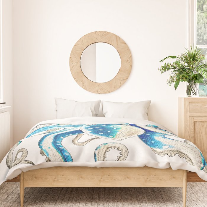 Blue Octopus Crosshatch Watercolor Comic Duvet Cover Gallery Image 3