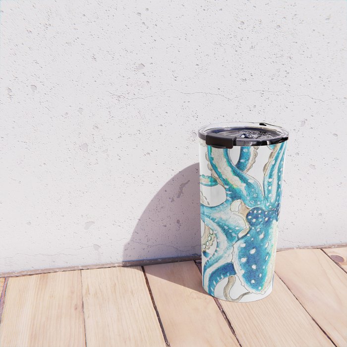 Blue Octopus Crosshatch Watercolor Comic Travel Mug Gallery Image 4