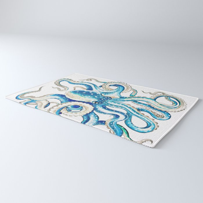 Blue Octopus Crosshatch Watercolor Comic Rug Gallery Image 3