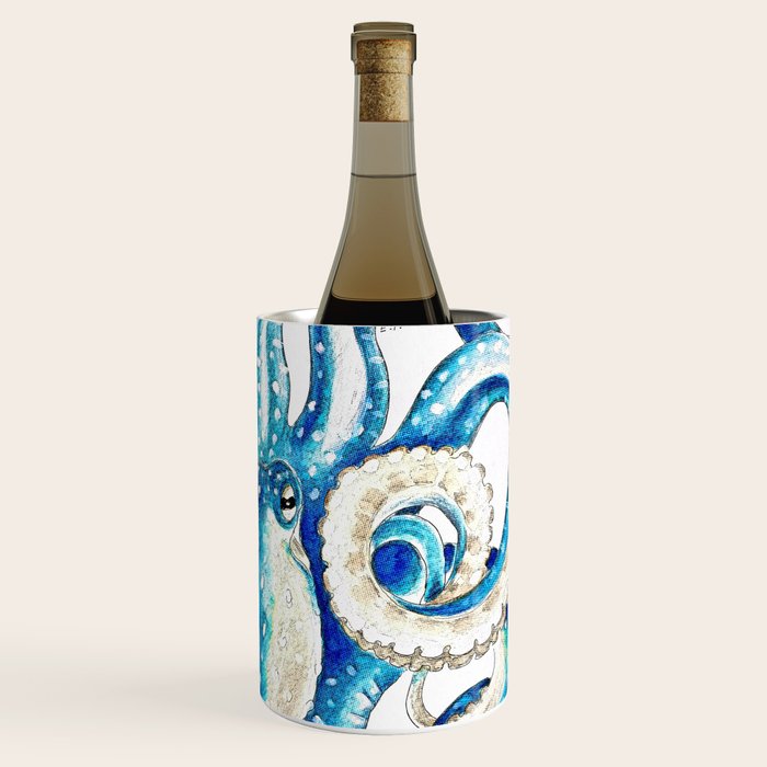 Blue Octopus Crosshatch Watercolor Comic Wine Chiller Gallery Image 3