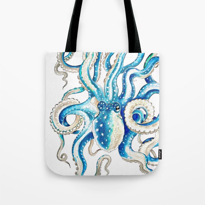 Blue Octopus Crosshatch Watercolor Comic Tote Bag Gallery Image 1