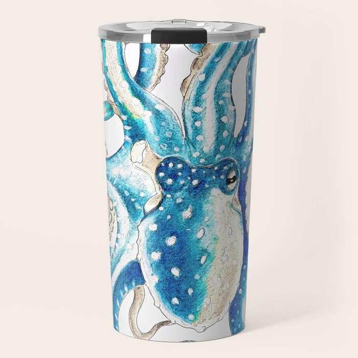 Blue Octopus Crosshatch Watercolor Comic Travel Mug Gallery Image 1