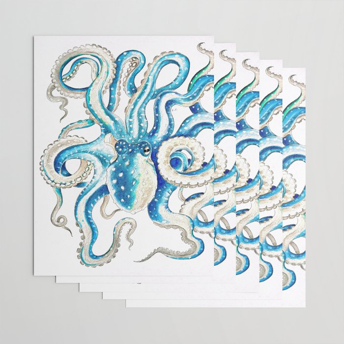 Blue Octopus Crosshatch Watercolor Comic Wrapping Paper Gallery Image 3