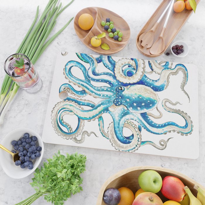 Blue Octopus Crosshatch Watercolor Comic Cutting Board Gallery Image 2