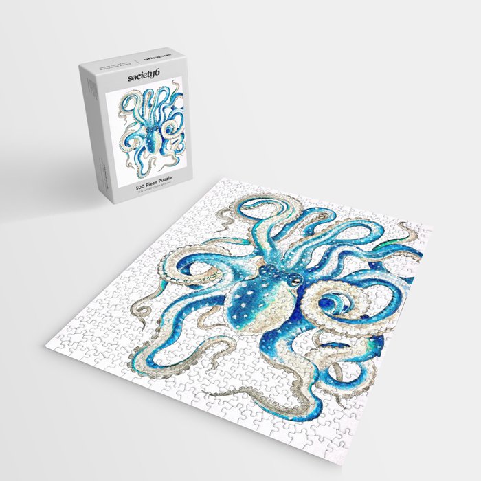 Blue Octopus Crosshatch Watercolor Comic Jigsaw Puzzle Gallery Image 2