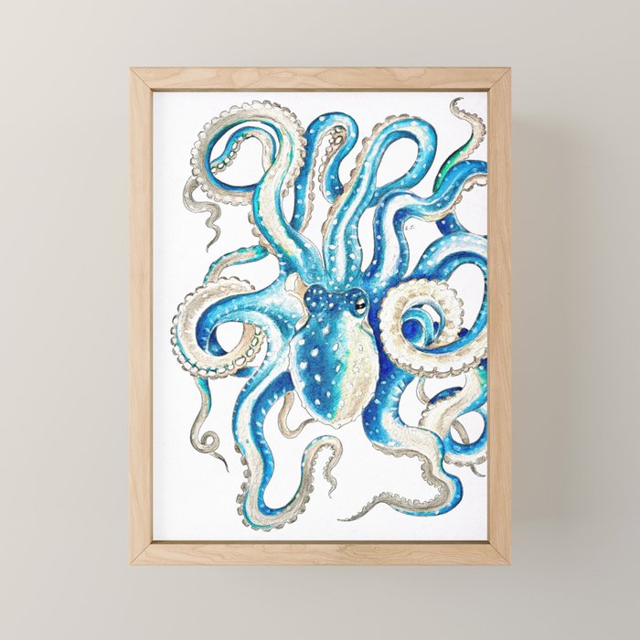 Blue Octopus Crosshatch Watercolor Comic Mini Art Print Gallery Image 1