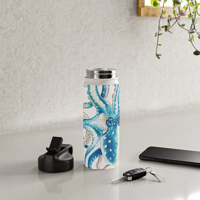 Blue Octopus Crosshatch Watercolor Comic Water Bottle Gallery Image 4