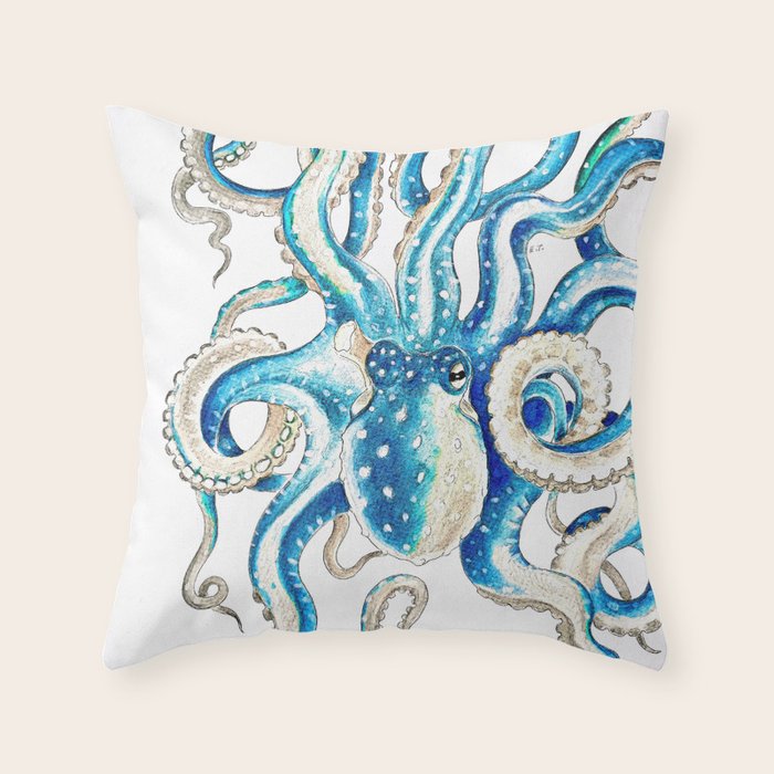 Blue Octopus Crosshatch Watercolor Comic Throw Pillow
