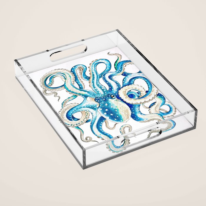 Blue Octopus Crosshatch Watercolor Comic Acrylic Tray Gallery Image 1