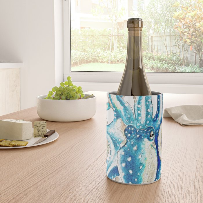 Blue Octopus Crosshatch Watercolor Comic Wine Chiller Gallery Image 4