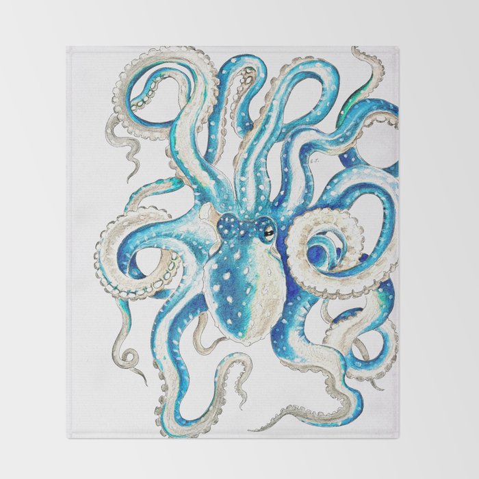Blue Octopus Crosshatch Watercolor Comic Throw Blanket Gallery Image 2