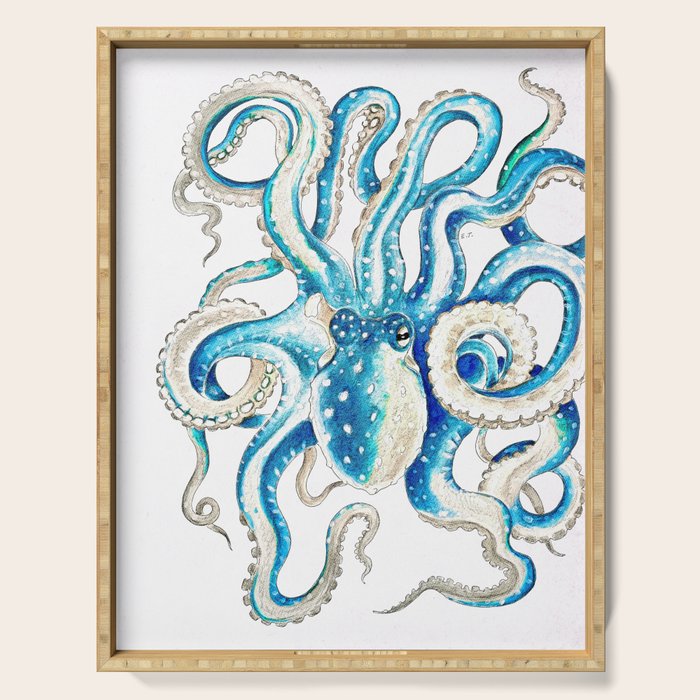Blue Octopus Crosshatch Watercolor Comic Serving Tray Gallery Image 1