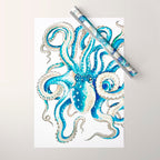 Blue Octopus Crosshatch Watercolor Comic Wrapping Paper Gallery Image 1