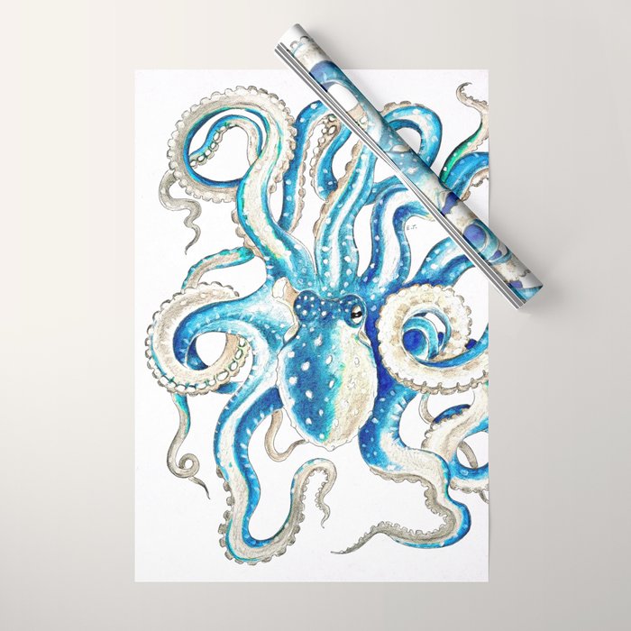 Blue Octopus Crosshatch Watercolor Comic Wrapping Paper Gallery Image 1