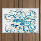 Blue Octopus Crosshatch Watercolor Comic Outdoor Rug Gallery Image 1