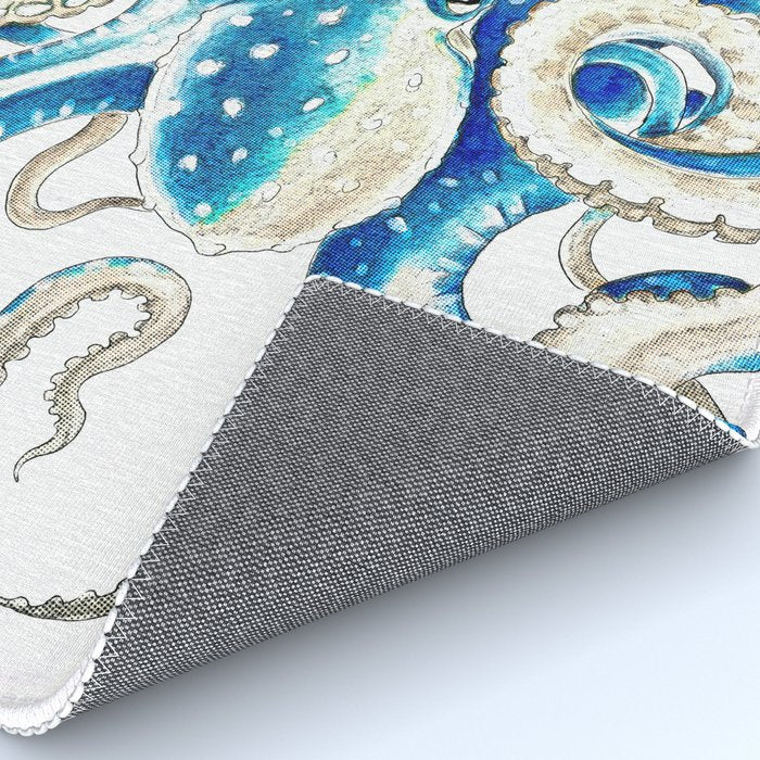 Blue Octopus Crosshatch Watercolor Comic Rug Gallery Image 4