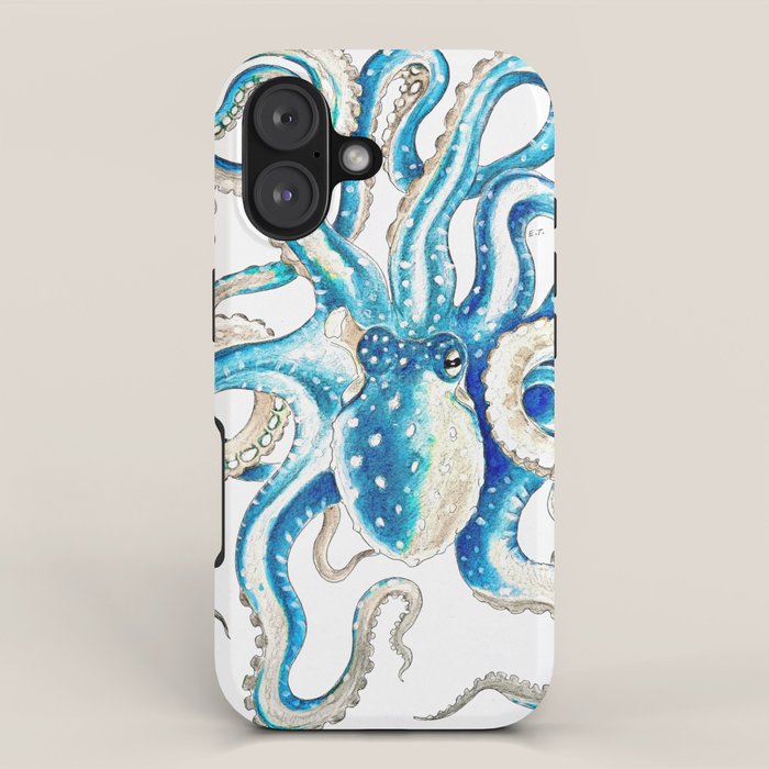 Blue Octopus Crosshatch Watercolor Comic iPhone Case Gallery Image 1