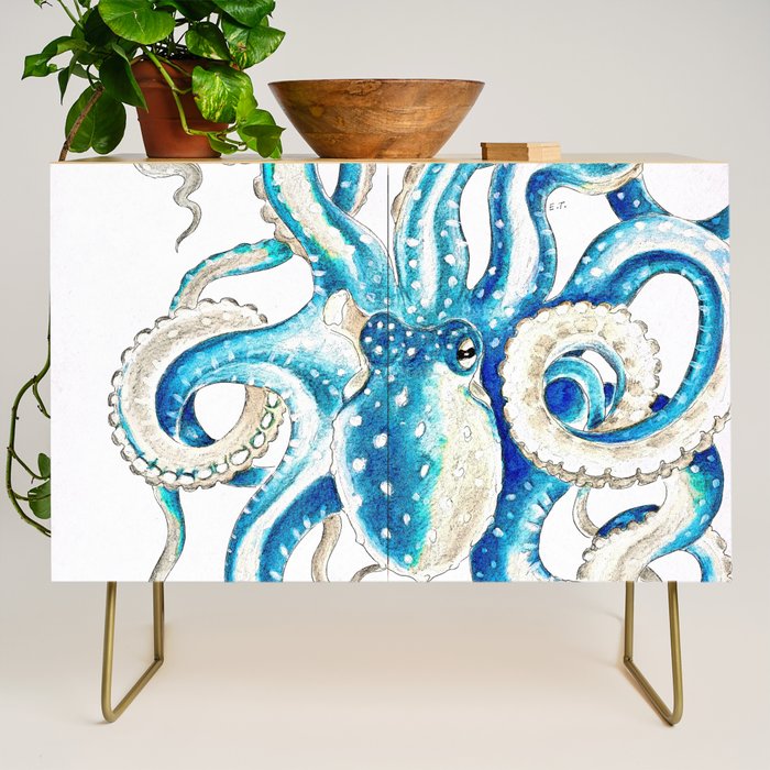 Blue Octopus Crosshatch Watercolor Comic Credenza Gallery Image 1