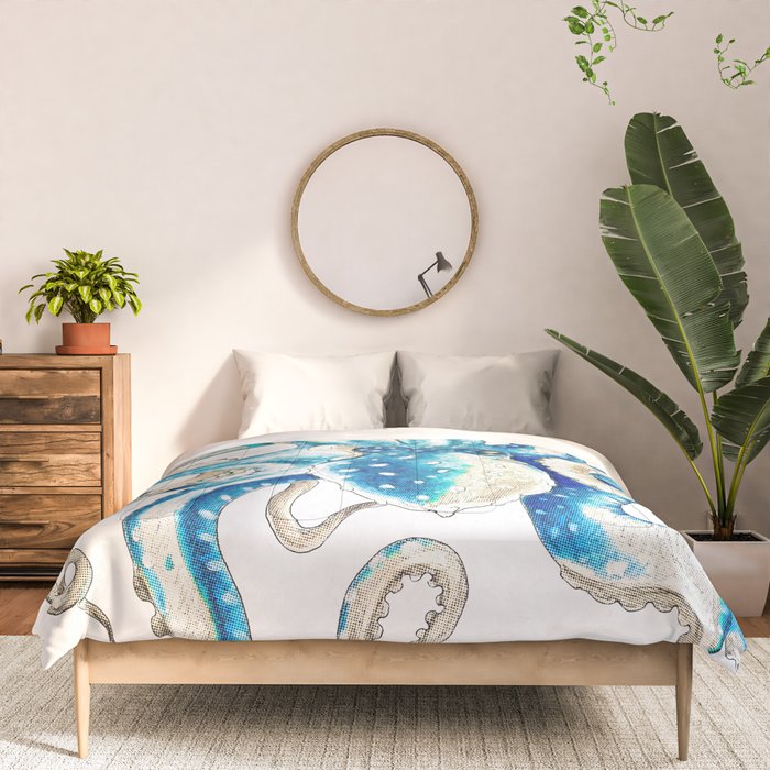 Blue Octopus Crosshatch Watercolor Comic Comforter Gallery Image 3