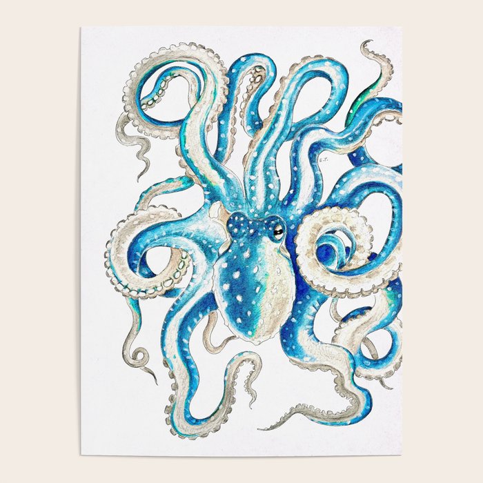 Blue Octopus Crosshatch Watercolor Comic Poster Gallery Image 4