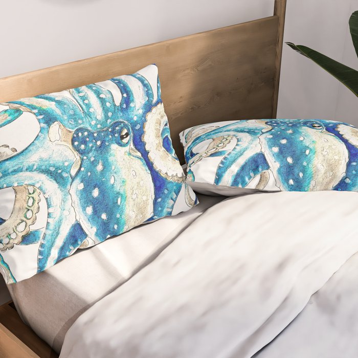 Blue Octopus Crosshatch Watercolor Comic Pillow Sham Gallery Image 2