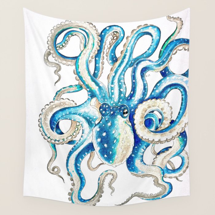 Blue Octopus Crosshatch Watercolor Comic Wall Tapestry Gallery Image 4