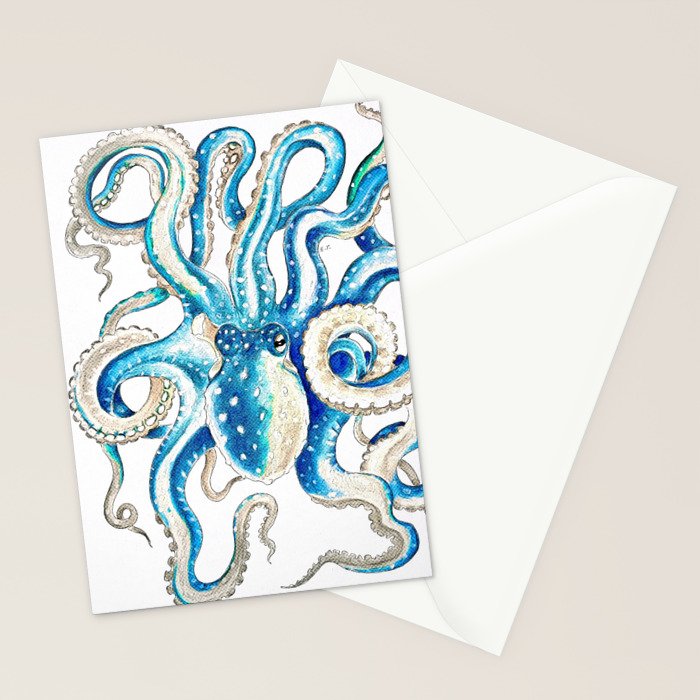 Blue Octopus Crosshatch Watercolor Comic Stationery Card Gallery Image 2