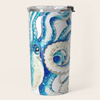 Blue Octopus Crosshatch Watercolor Comic Travel Mug Gallery Image 2