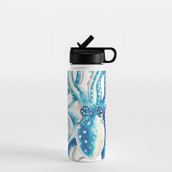 Blue Octopus Crosshatch Watercolor Comic Water Bottle