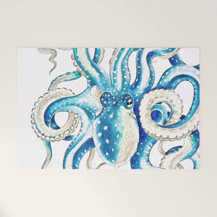 Blue Octopus Crosshatch Watercolor Comic Welcome Mat Gallery Image 1
