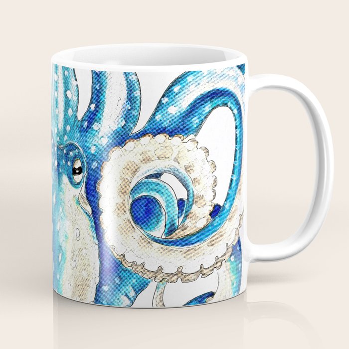 Blue Octopus Crosshatch Watercolor Comic Coffee Mug Gallery Image 1