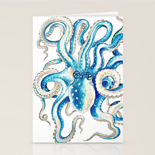Blue Octopus Crosshatch Watercolor Comic Stationery Card Gallery Image 1