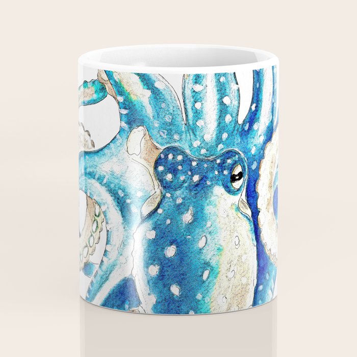 Blue Octopus Crosshatch Watercolor Comic Coffee Mug Gallery Image 4