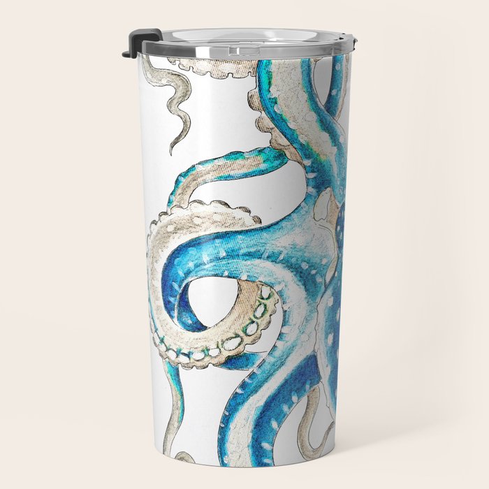 Blue Octopus Crosshatch Watercolor Comic Travel Mug Gallery Image 3