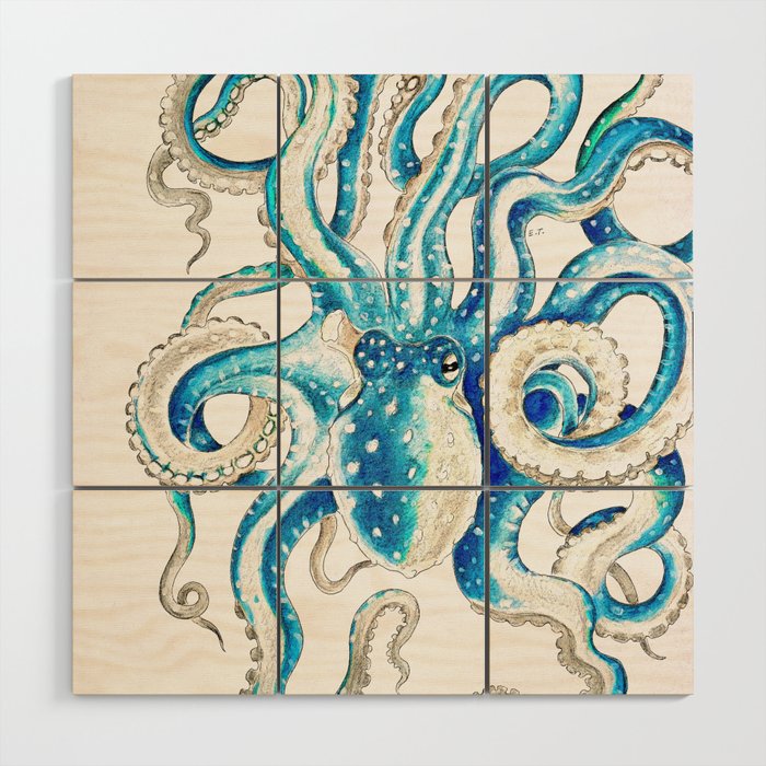 Blue Octopus Crosshatch Watercolor Comic Wood Wall Art Gallery Image 1