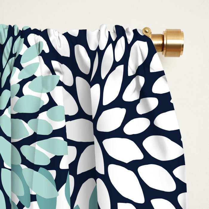 Floral Blooms in Navy, Teal and White Window Curtain Gallery Image 2