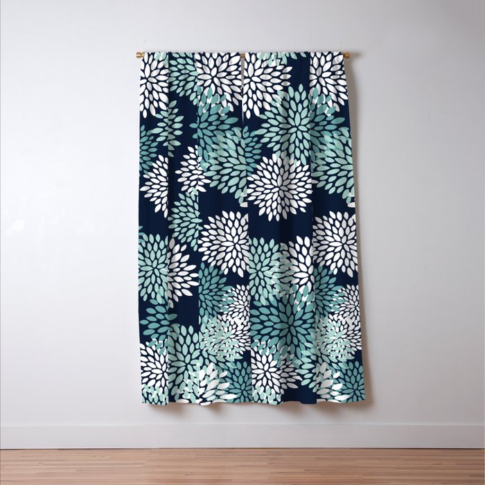 Floral Blooms in Navy, Teal and White Window Curtain Gallery Image 3
