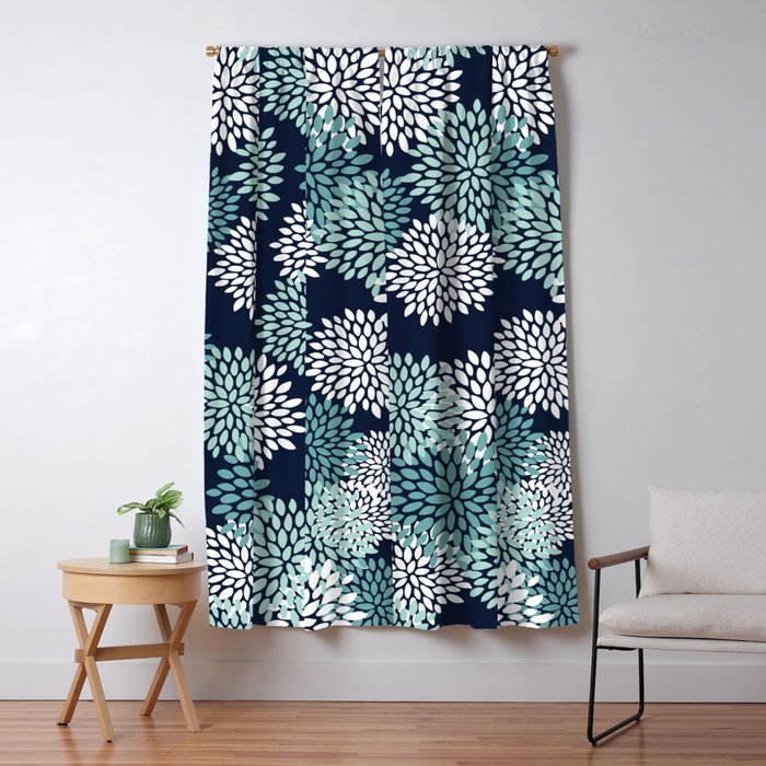 Floral Blooms in Navy, Teal and White Window Curtain Gallery Image 5