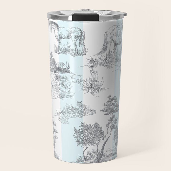 Toile de Jouy Vintage French Pastoral Blue & White Stripe Travel Mug Gallery Image 1