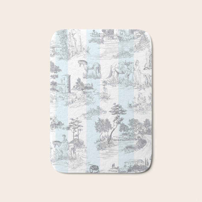 Toile de Jouy Vintage French Pastoral Blue & White Stripe Bath Mat Gallery Image 1