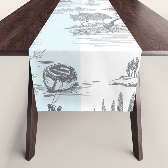 Toile de Jouy Vintage French Pastoral Blue & White Stripe Table Runner Gallery Image 1