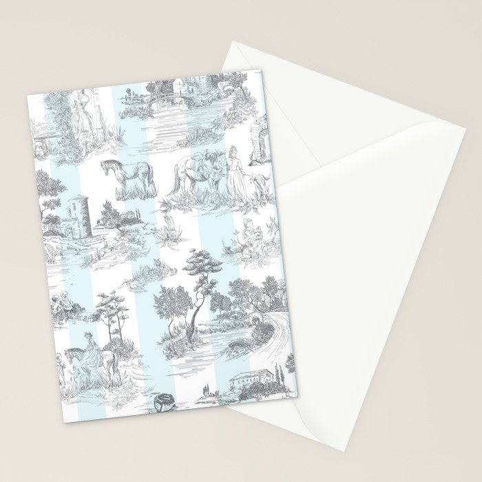 Toile de Jouy Vintage French Pastoral Blue & White Stripe Stationery Card Gallery Image 2