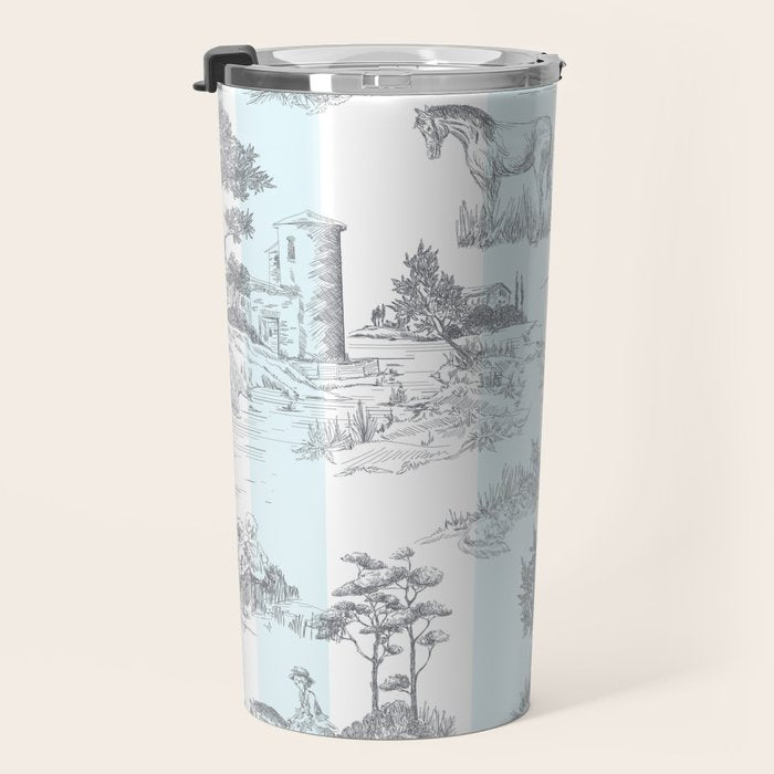 Toile de Jouy Vintage French Pastoral Blue & White Stripe Travel Mug Gallery Image 3