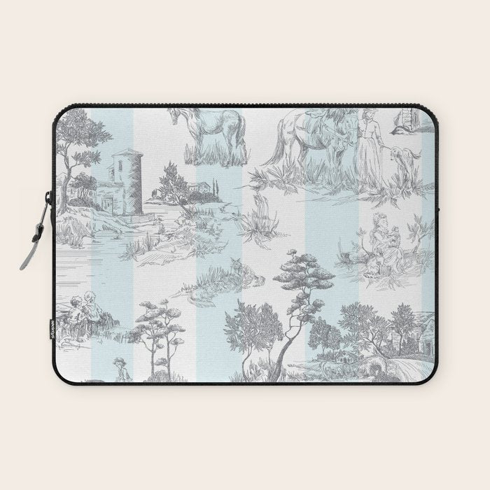 Toile de Jouy Vintage French Pastoral Blue & White Stripe Laptop Sleeve Gallery Image 1