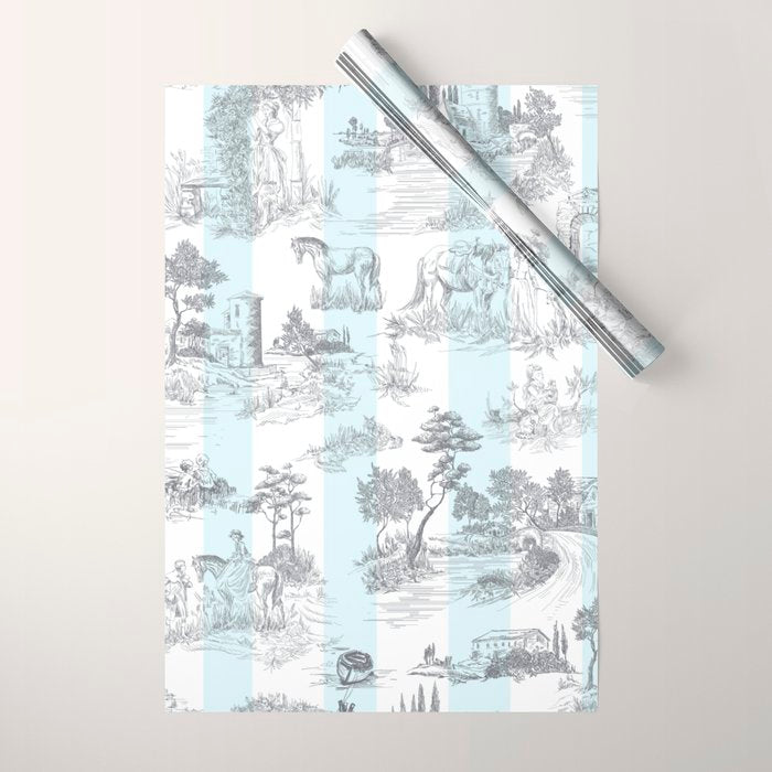 Toile de Jouy Vintage French Pastoral Blue & White Stripe Wrapping Paper Gallery Image 1