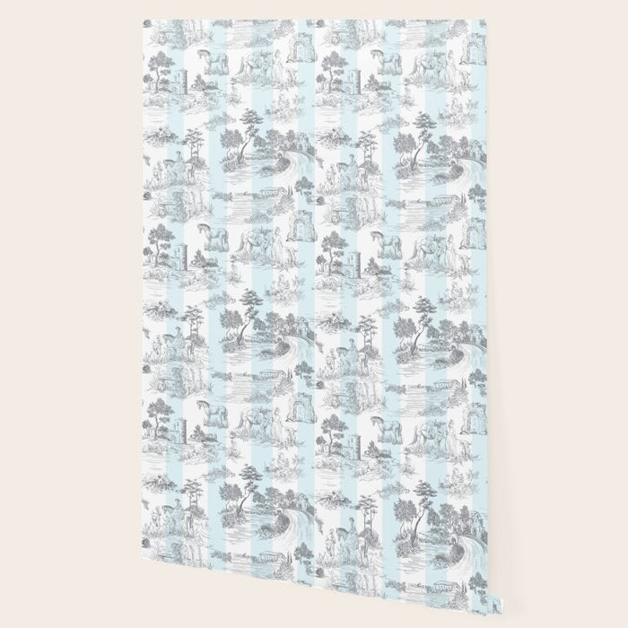 Toile de Jouy Vintage French Pastoral Blue & White Stripe Wallpaper Gallery Image 2