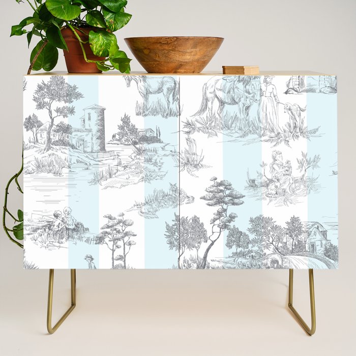 Toile de Jouy Vintage French Pastoral Blue & White Stripe Credenza Gallery Image 1