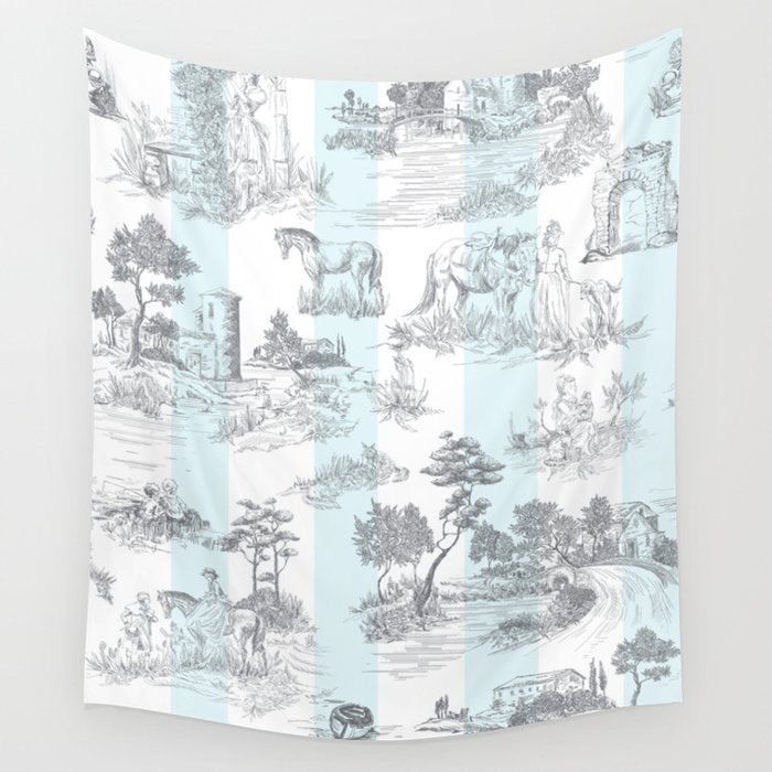 Toile de Jouy Vintage French Pastoral Blue & White Stripe Wall Tapestry Gallery Image 4