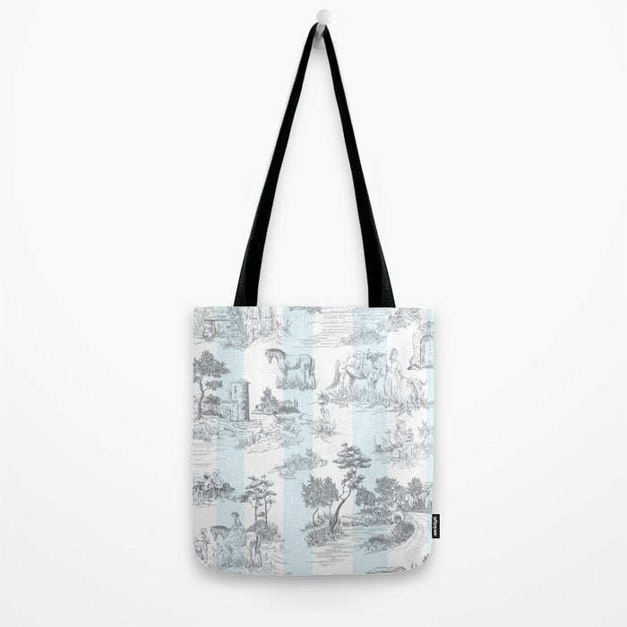 Toile de Jouy Vintage French Pastoral Blue & White Stripe Tote Bag Gallery Image 2