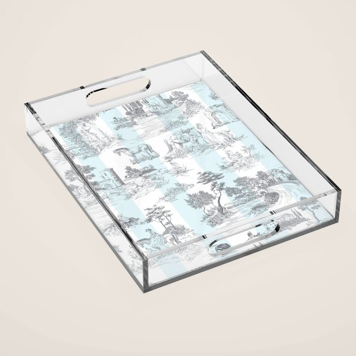 Toile de Jouy Vintage French Pastoral Blue & White Stripe Acrylic Tray Gallery Image 1